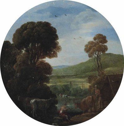 A Wooded River Landscape with Drovers and Their Cattle by Goffredo Wals